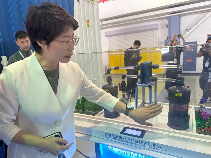Dalian Rongke Power Co Ltd general manager Wang Xiaoli introducing the company's vanadium flow battery.