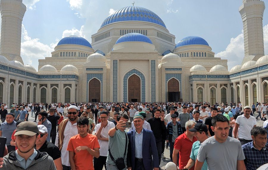 People visit a new mosque, which is reportedly one of the largest in Central Asia, following its opening in Nur-Sultan, Kazakhstan, 12 August 2022. (Turar Kazangapov/Reuters)