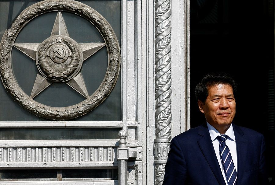 Chinese special envoy for Eurasian affairs Li Hui leaves the headquarters of the Russian foreign ministry following talks in Moscow, Russia, 26 May 2023. (Maxim Shemetov/Reuters)