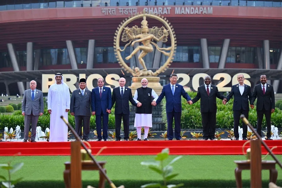 Heads of delegations pose for a family photo during the BRICS Summit in New Delhi, India, on 12 September 2026.