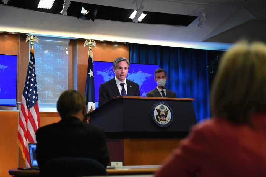 US Secretary of State Antony Blinken speaks at the State Department in Washington, DC on 30 March 2021. (Mandel Ngan/Pool/AFP)