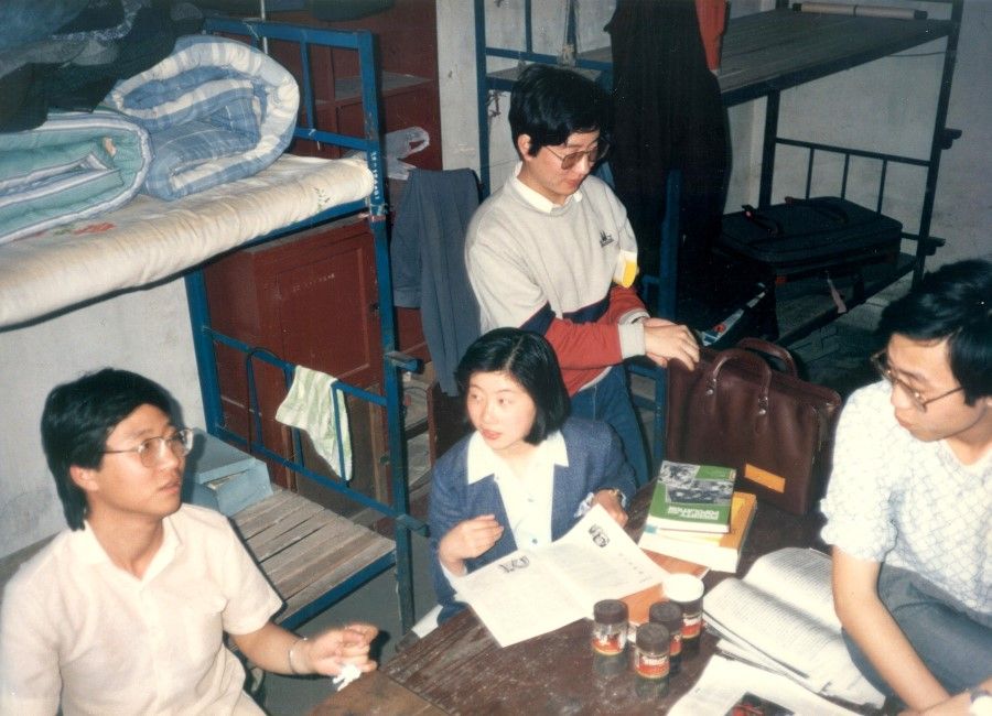 Fudan students in their dormitory, 1988. Dormitories usually saw six people to each room; while conditions were spartan, it was where China's elite students were nurtured.