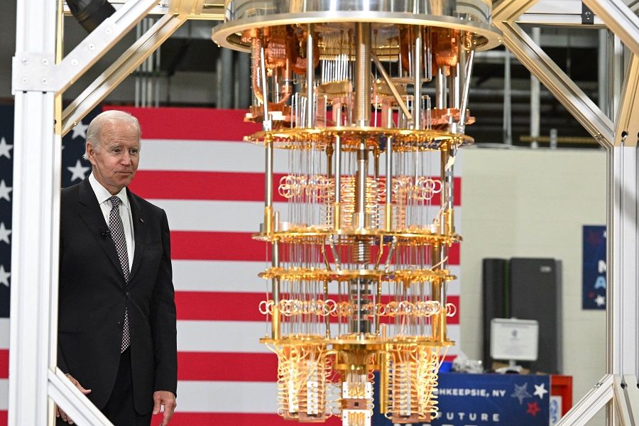 US President Joe Biden looks at quantum computer as he tours the IBM facility in Poughkeepsie, New York, US, on 6 October 2022. (Mandel Ngan/AFP)