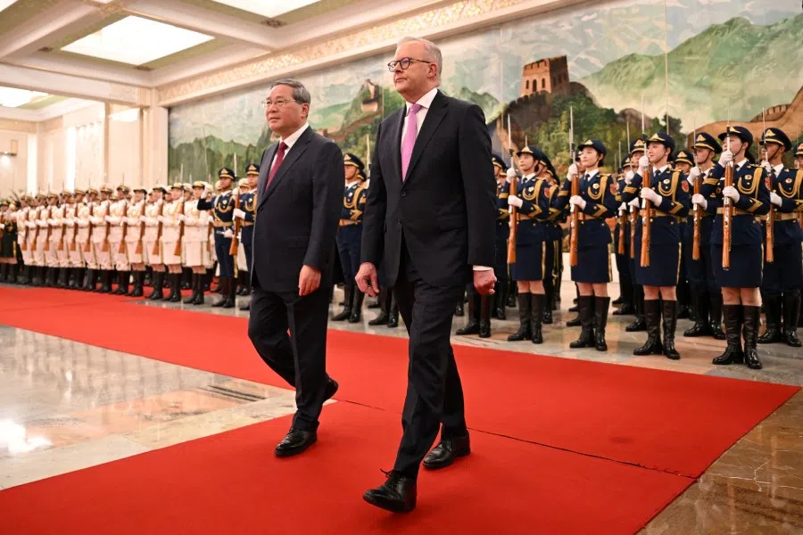 Australian Prime Minister Anthony Albanese attends a welcome ceremony with Chinese Premier Li Qiang at the Great Hall of the People in Beijing, China, on 15 July 2025. (Lukas Coch/Reuters)