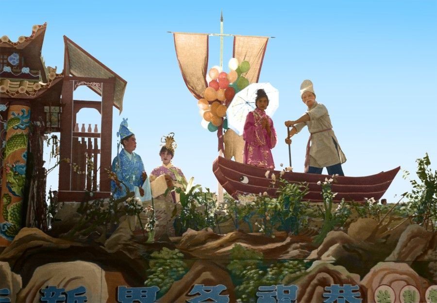 A float in the 1970s depicts the opera The Butterfly Lovers, a famous folktale of the tragedy of two star-crossed lovers Liang Shanbo and Zhu Yingtai, with its beautiful and moving music.