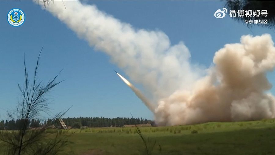 This screen grab from a video by the People's Liberation Army (PLA) Eastern Theater Command on 4 August 2022 made available on the Eurovision Social Newswire (ESN) platform via AFPTV shows a missile being fired during a Chinese military exercise in China on 4 August 2022. (PLA Eastern Theater Command/ESN/AFP)