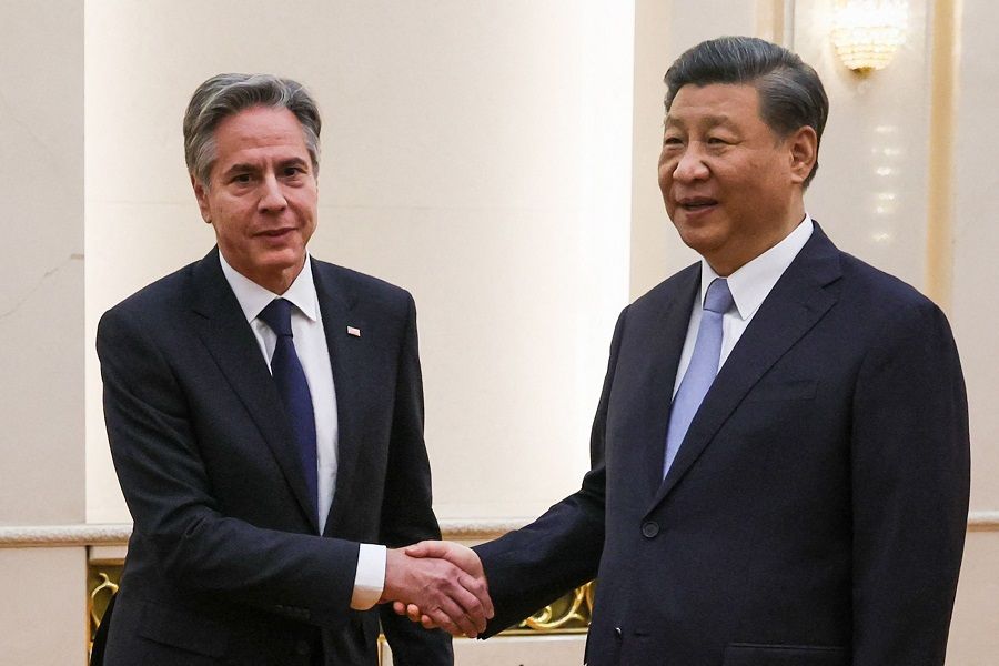 US Secretary of State Antony Blinken (left) shakes hands with Chinese President Xi Jinping at the Great Hall of the People in Beijing, China, on 19 June 2023. (Leah Millis/Pool/AFP)