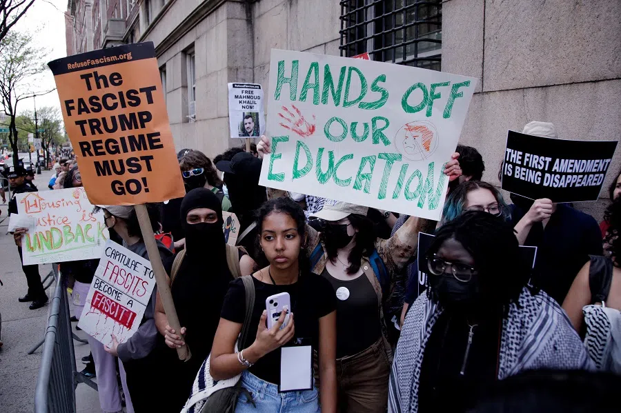 Protesters march from City College to Columbia University against the Trump administration’s policies and to demand “liberty, solidarity and accountability” from their universities in New York, US, on 25 April 2025. (Leonardo Munoz/AFP)