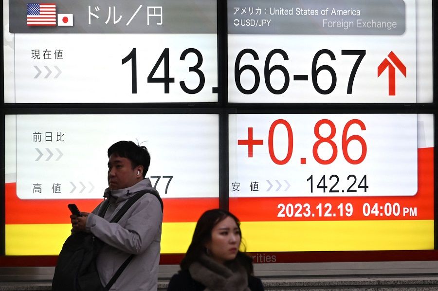 Pedestrians stand in front of an electronic board showing the rate of the Japanese yen versus the US dollar along a street in Tokyo, Japan, on 19 December 2023. (Kazuhiro Nogi/AFP)
