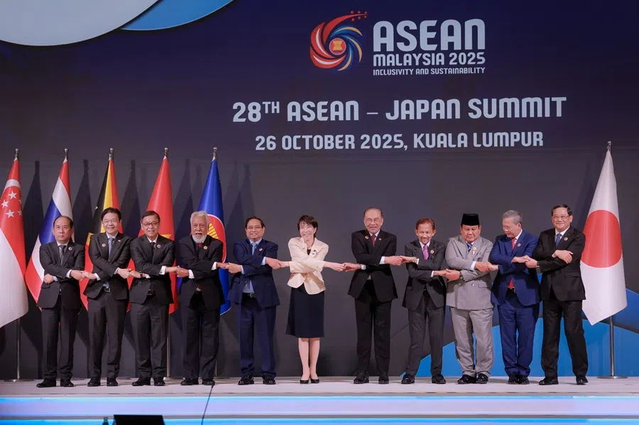 Japan Prime Minister Sanae Takaichi and leaders of ASEAN states at the 28th ASEAN-Japan Summit in Kuala Lumpur, Malaysia, 26 October 2025. (SPH Media)