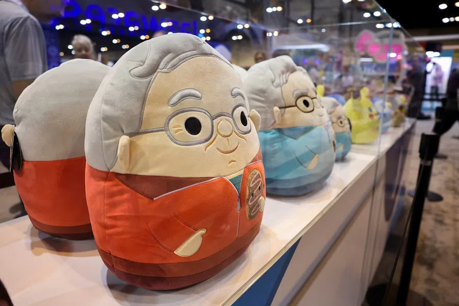 Squishmallows resembling Berkshire Hathaway chairman Warren Buffett and former vice chairman Charlie Munger at the Berkshire Hathaway Inc annual shareholders’ meeting in Omaha, Nebraska, US, on 3 May 2024.  (Scott Morgan/Reuters)