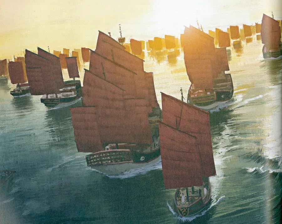 An illustration from German magazine GEO EPOCHE, showing the grand fleet led by Zheng He.