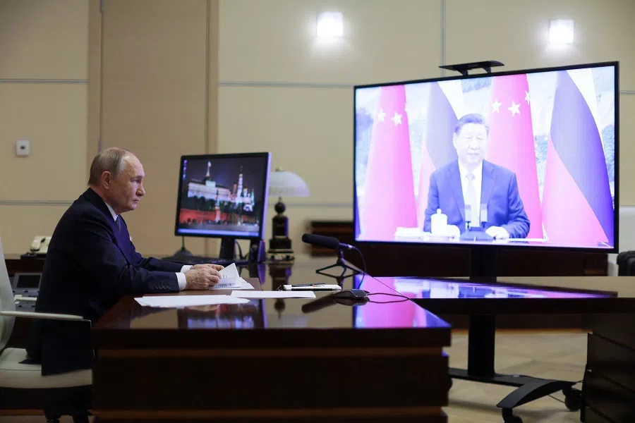 Russian President Vladimir Putin holds a video conference meeting with Chinese President Xi Jinping at the Novo-Ogaryovo state residence outside Moscow, Russia, on 21 January 2025. (Sputnik/Gavriil Grigorov/via Reuters)