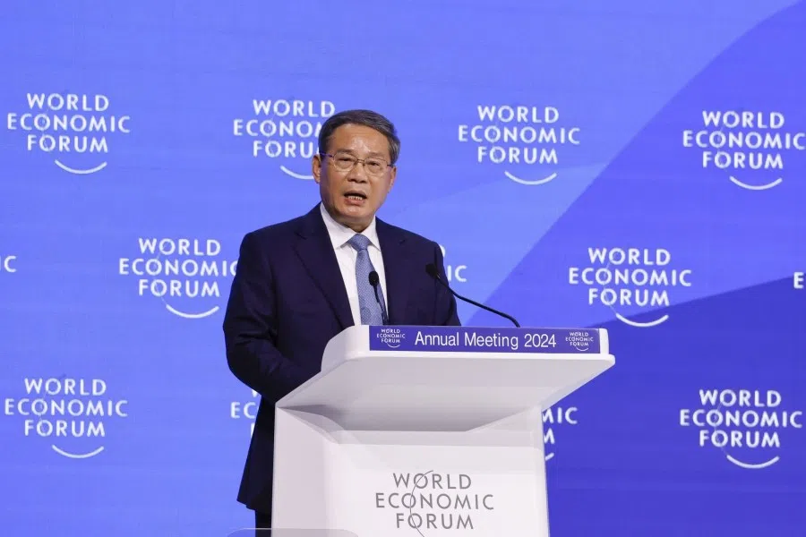 Li Qiang, China's premier, delivers a special address on the opening day of the World Economic Forum (WEF) in Davos, Switzerland, on 16 January 2024. (Stefan Wermuth/Bloomberg)