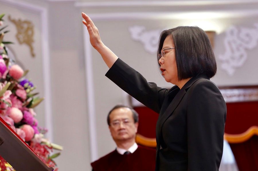 This handout picture taken and released on 20 May 2020 by the Taiwan Presidential office shows Tsai Ing-wen being sworn in for her second term as Taiwan's President during her inauguration ceremony at the Presidential Office in Taipei. (Handout/Taiwan Presidential Office/AFP)