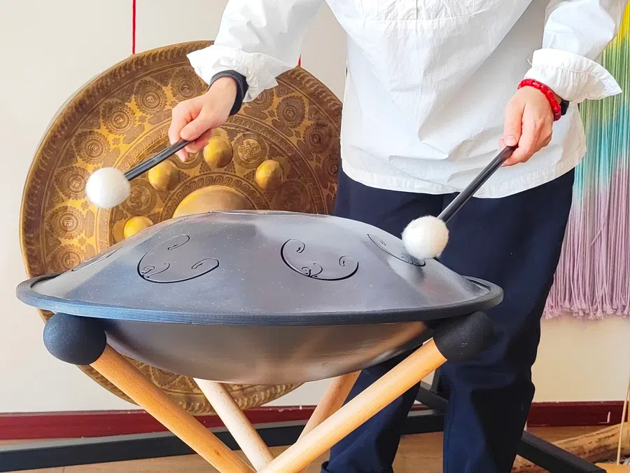A handpan used by therapist Li Yan from Yiyan natural therapy studio to provide healing services to clients.