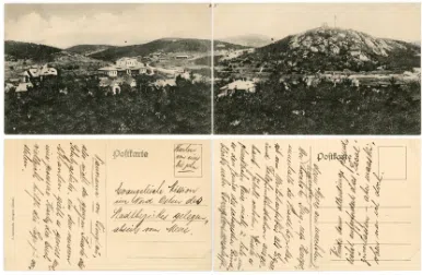 Close-up of two of the ten rare postcards forming a scene of Qingdao.