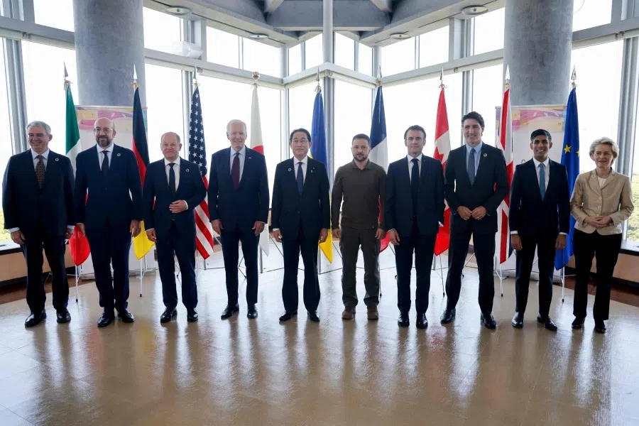Ukraine's President Volodymyr Zelensky (fifth from right) poses with G7 leaders for a family photo during the G7 Leaders' Summit in Hiroshima on 21 May 2023. (Ludovic Marin/AFP)