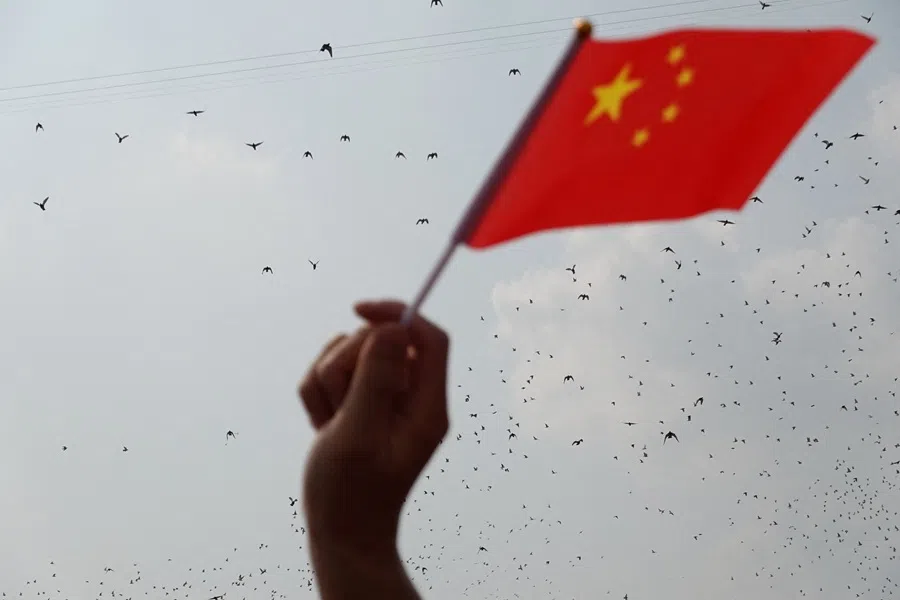 A person waves a Chinese flag as doves are released during a military parade to mark the 80th anniversary of the end of World War Two, in Beijing, China, on 3 September 2025.