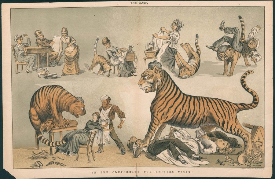 An illustration from US satirical magazine The Wasp, 1880s. The caption is "In the clutches of the Chinese tiger.". The image depicts the Chinese as starting off like house cats, but growing up to be fierce tigers that kill the master's entire family.