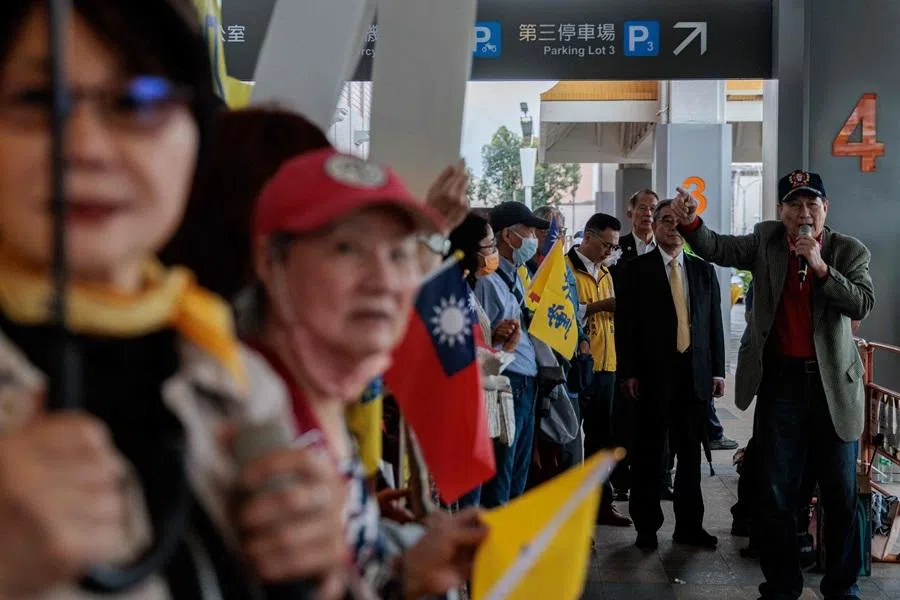 Supporters of Cheng Li-wun, chairwoman of the Kuomintang, gather at Taipei Songshan Airport ahead of her departure for mainland China on 7 April 2026. (Cheng Yu-chen/AFP)