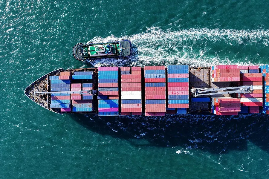 A container ship sails as it approaches a port in Qingdao, Shandong province, China, on 2 April 2025. (Stringer/AFP)
