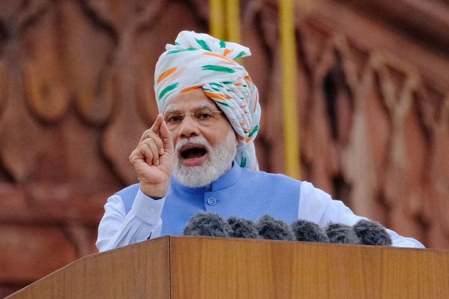 Narendra Modi, India's prime minister, speaks at the nation's Independence Day ceremony at Red Fort in New Delhi, India, on 15 August 2022. (T. Narayan/Bloomberg)