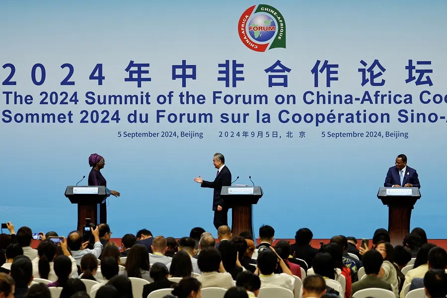 Senegal’s Foreign Minister Yassine Fall, China’s Foreign Minister Wang Yi and Republic of the Congo’s Foreign Minister Jean-Claude Gakosso attend a press conference during the 2024 Summit of the Forum on China-Africa Cooperation (FOCAC) in Beijing, China, on 5 September 2024. (Tingshu Wang/Reuters)