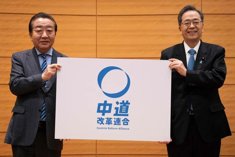 Leader of the Constitutional Democratic Party of Japan (CDP) Yoshihiko Noda (left) and Komeito leader Tetsuo Saito pose during a joint press conference to announce the new party name “Centrist Reform Alliance" in Tokyo on 16 January 2026. (Yuichi Yamazaki/AFP)