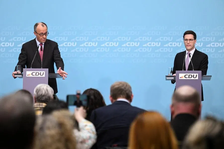 German Chancellor and Christian Democratic Union (CDU) party leader Friedrich Merz and CDU top candidate for the Baden-Wuerttemberg state election, Manuel Hagel, attend a press conference after the Baden-Wuerttemberg state election, in Berlin, Germany, on 9 March 2026. (Annegret Hilse/Reuters)