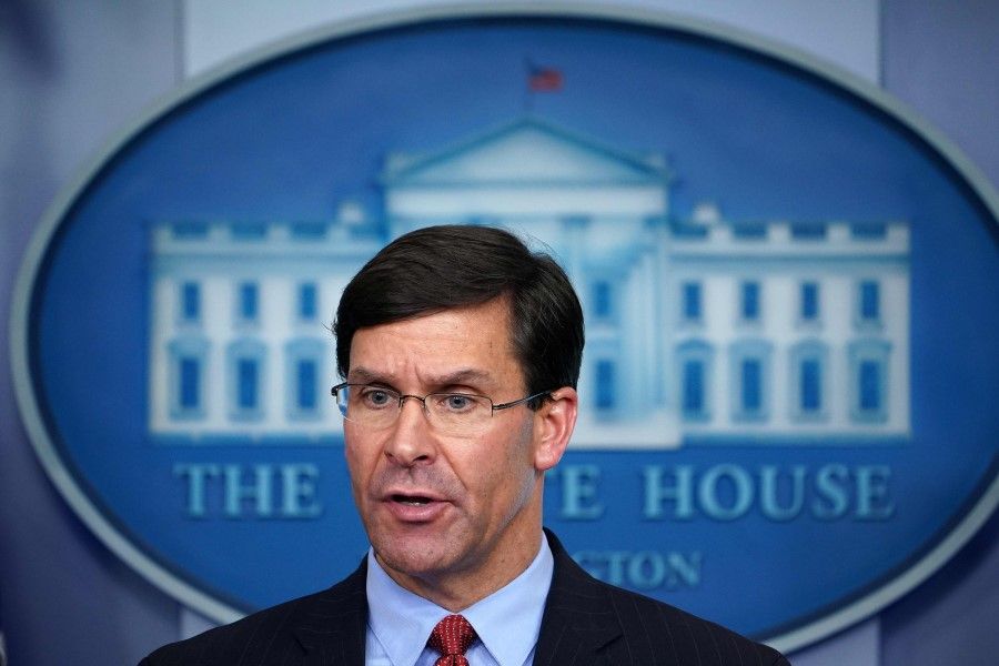 In this file photo Defence Secretary Mark Esper speaks during the daily briefing on the coronavirus at the White House on 1 April 2020. Esper visited Palau in August 2020 and accused Beijing of "ongoing destabilising activities" in the Pacific.
