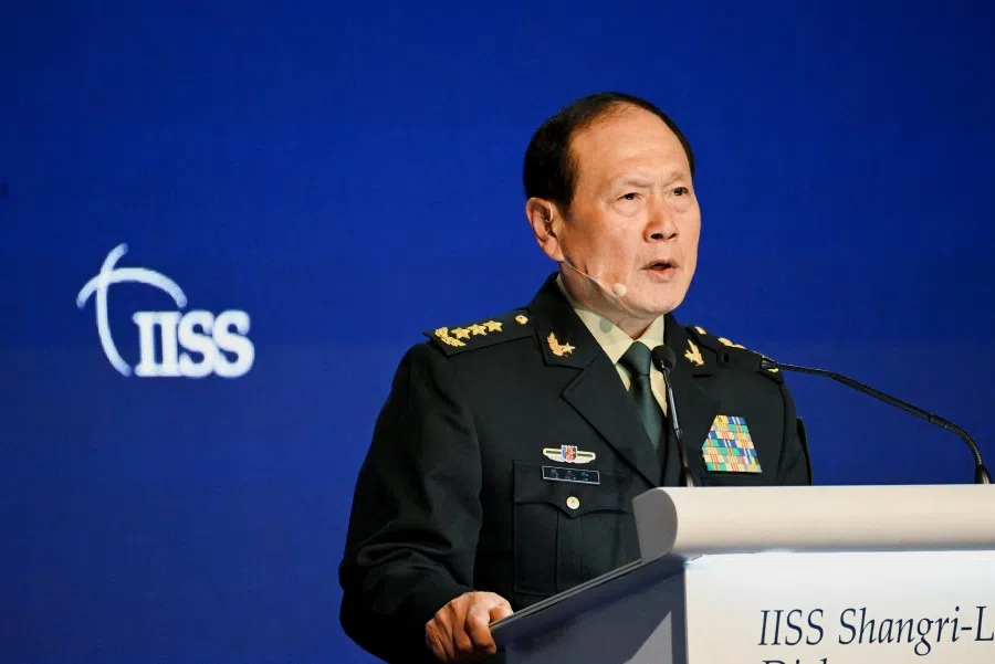 China's State Councilor and Defence Minister General Wei Fenghe speaks at a plenary session during the 19th Shangri-La Dialogue in Singapore, 12 June 2022. (Caroline Chia/Reuters)