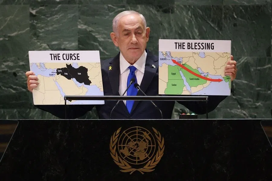 Israeli Prime Minister Benjamin Netanyahu speaks during the 79th Session of the United Nations General Assembly at the United Nations headquarters in New York City on 27 September 2024. (Charly Triballeau/AFP)