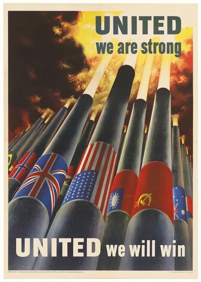 A poster in conjunction with the Declaration of United Nations, 1942, with the words "United we are strong, united we will win". The "Big Four" are represented by the cannons in the middle, as all the cannons take aim at the Axis powers.