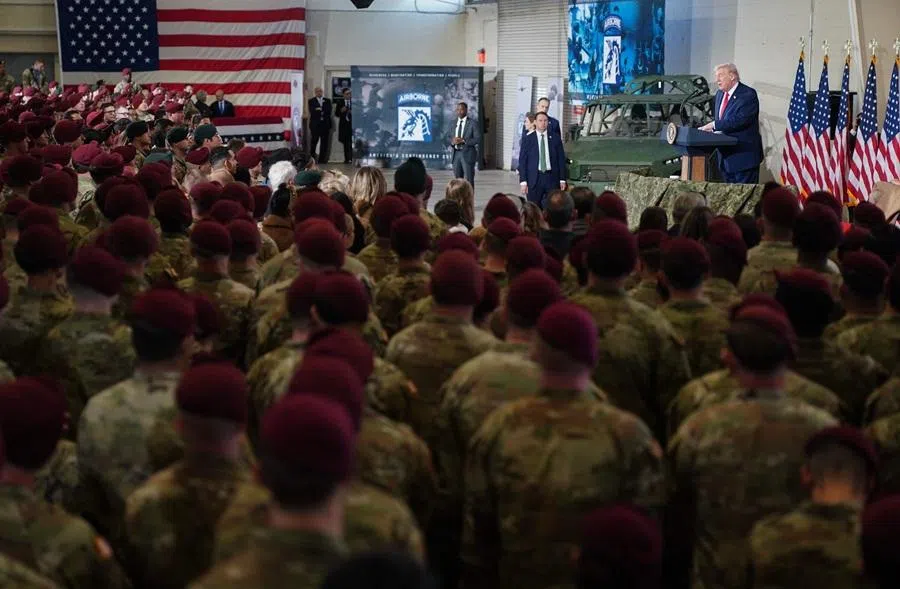 US President Donald Trump speaks during a visit to the Fort Bragg US Army base on 13 February 2026 in Fort Bragg, North Carolina. Trump visited the base to honour special forces involved in the military operation in Venezuela in early 2026. (Nathan Howard/Getty Images via AFP)