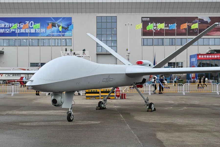 A Chinese new-type reconnaissance and strike UAV is displayed during the 15th China International Aviation and Aerospace Exhibition in Zhuhai, Guangdong province, China on 14 November 2024. (Hector Retamal/AFP)
