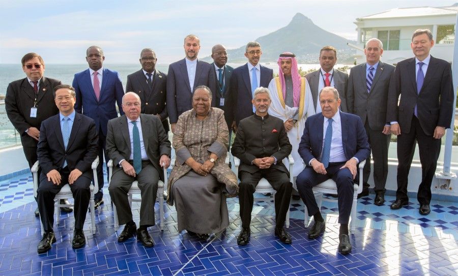 Foreign ministers of BRICS nations pose for a family photo with representatives from Africa and the global south during a summit in Cape Town, South Africa, 2 June 2023. (Russian Foreign Ministry/Handout via Reuters)