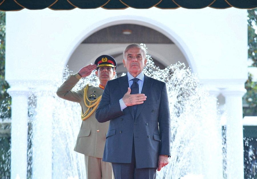 Pakistan's Prime Minister Shehbaz Sharif gestures during the guard of honour ceremony at the Prime Minister house in Islamabad, Pakistan, 12 April 2022. (Press Information Department (PID)/Handout via Reuters/File Photo)