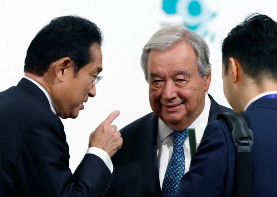 United Nations secretary-general Antonio Guterres speaks with former Japanese Prime Minister Fumio Kishida after a photo session during the 9th Tokyo International Conference on African Development (TICAD 9) in Yokohama, Kanagawa prefecture, south of Tokyo on 20 August 2025.  (Franck Robichon/AFP)