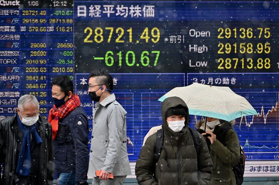 Pedestrians walk in front of an electronic quotation board displaying share prices of the Tokyo Stock Exchange in Tokyo, Japan, on 6 January 2022. (Kazuhiro Nogi/AFP)