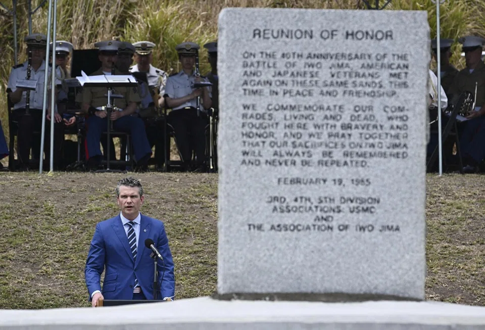 US Defence Secretary Pete Hegseth attends a memorial service jointly held by Japan and the United States to mark the 80th anniversary of one of World War II’s bloodiest and most symbolic battles on the remote island of Iwo Jima, which is now officially called Iwo To in Japan, on 29 March 2025. (Kyodo via Reuters)