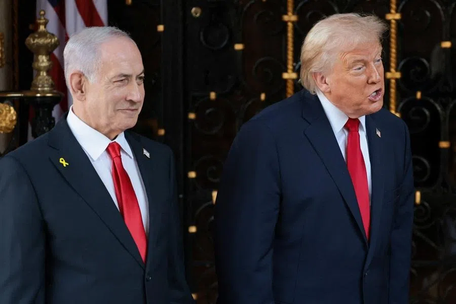 US President Donald Trump speaks next to Israeli Prime Minister Benjamin Netanyahu at Trump's Mar-a-Lago club in Palm Beach, Florida, US on 29 December 2025.
