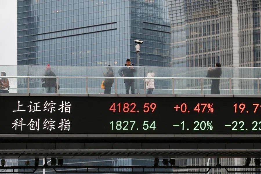 An electronic board shows Shanghai stock indices as people walk on a pedestrian bridge in the Lujiazui financial district in Shanghai, China, on 2 March 2026.