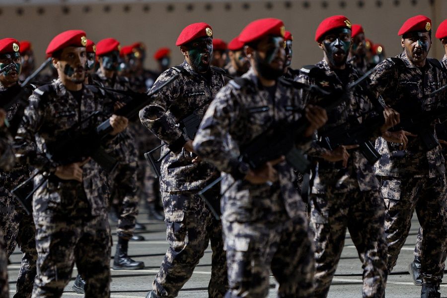 Saudi security forces train in preparation for the annual Hajj in Mecca, Saudi Arabia, 3 July 2022. (Mohammed Salem/Reuters)