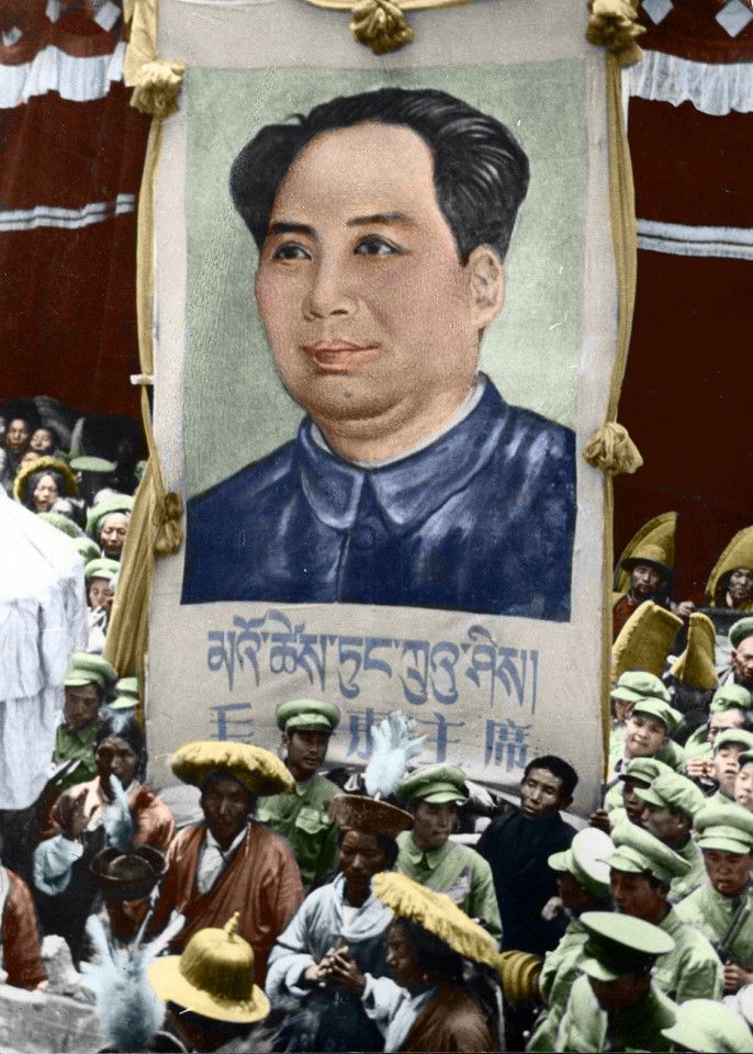 A large portrait of Mao Zedong at the Preparatory Committee for the Autonomous Region of Tibet (PCART) inauguration, April 1956.