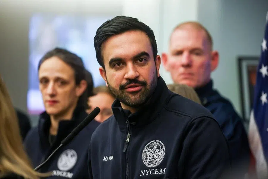Zohran Mamdani, mayor of New York, center, speaks in New York, US, on 23 February 2026. (Michael Nagle/Bloomberg)