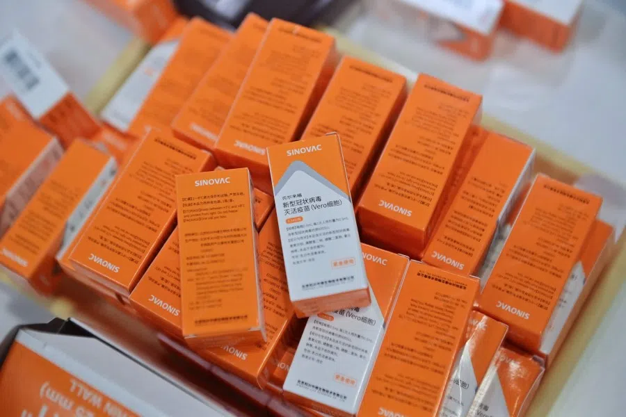 Boxes of Sinovac's Covid-19 coronavirus CoronaVac vaccine are pictured during a vaccination drive at Bang Sue Central Station in Bangkok on 24 May 2021. (Lillian Suwanrumpha/AFP)