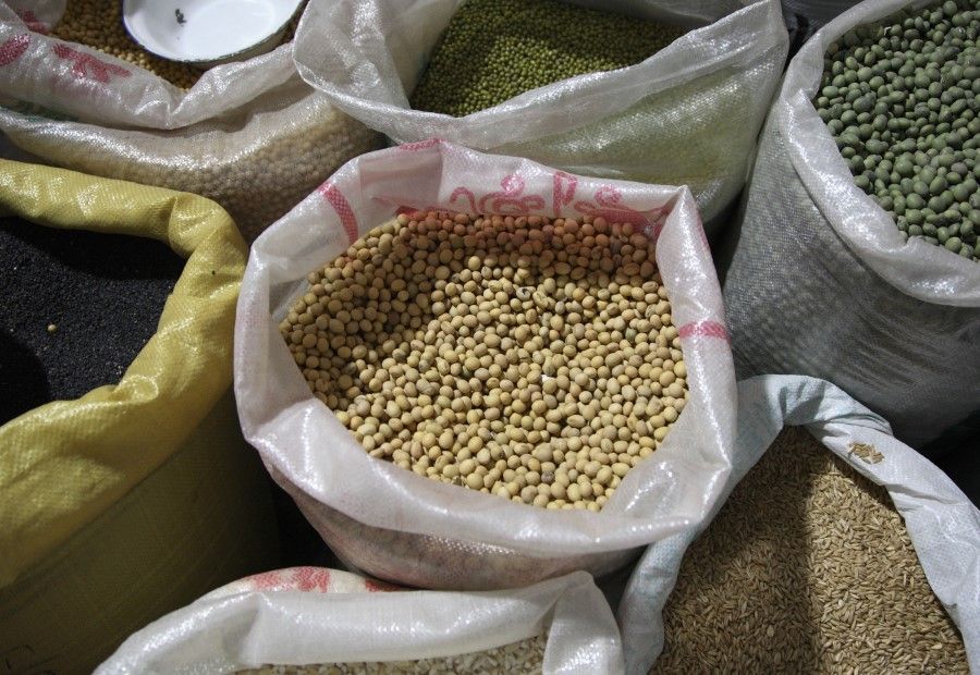 A bag of soybeans at a grain wholesale market in Shanghai, China on 2 June 2008. (SPH)
