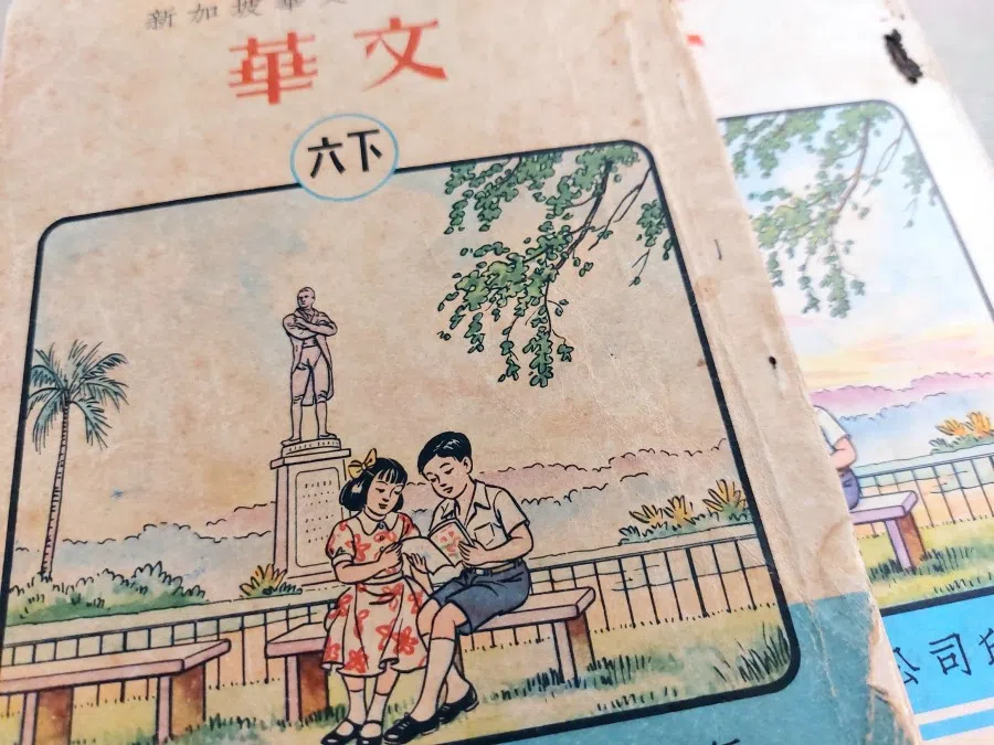 An old textbook featuring a statue of Stamford Raffles in the background.