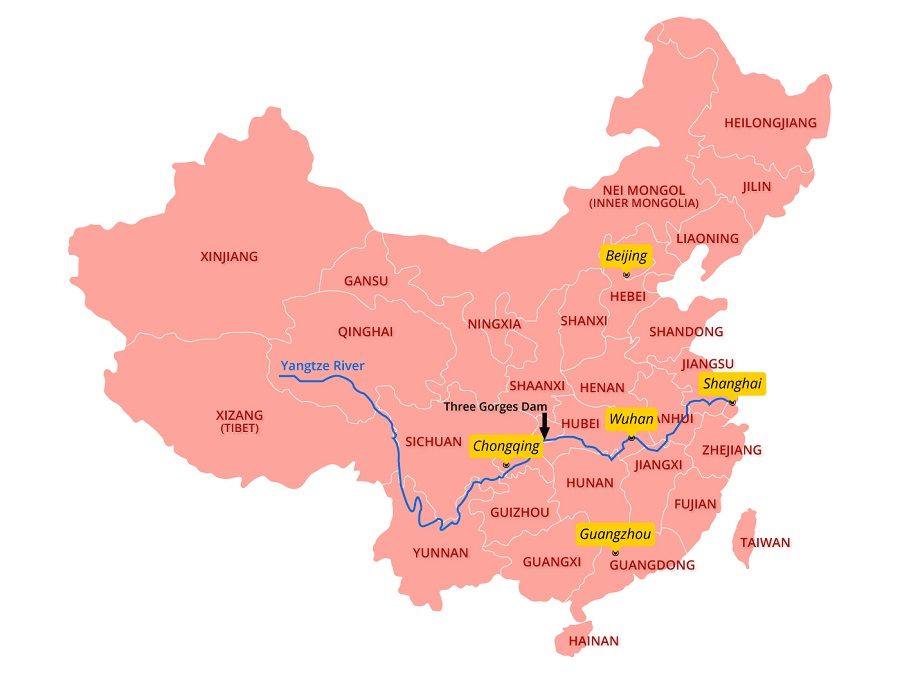A map showing the location of the Yangtze River in relation to Chinese provinces and cities. (Graphic: Jace Yip)